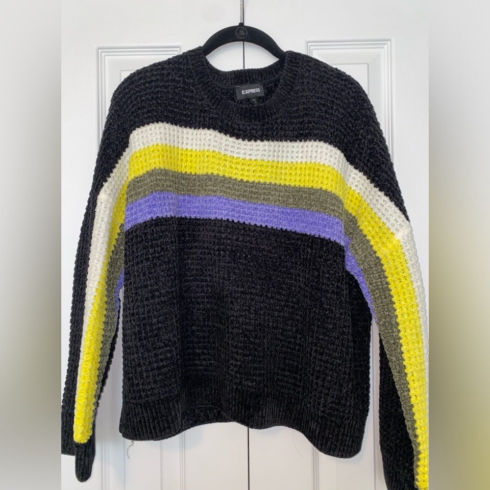 EUC Express Black Cableknit Sweater w/ yellow, gray, white, and lavender stripes